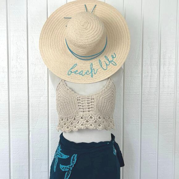 Women’s Beach Life Blue Embroidery Tassles Floppy Straw Sun Hat Outdoor Summer - Picture 3 of 6